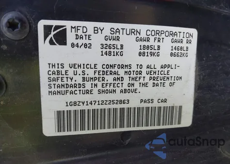 2002 Saturn S-Series Sc2 from USA, damaged, VIN 1G8ZY14712Z252863